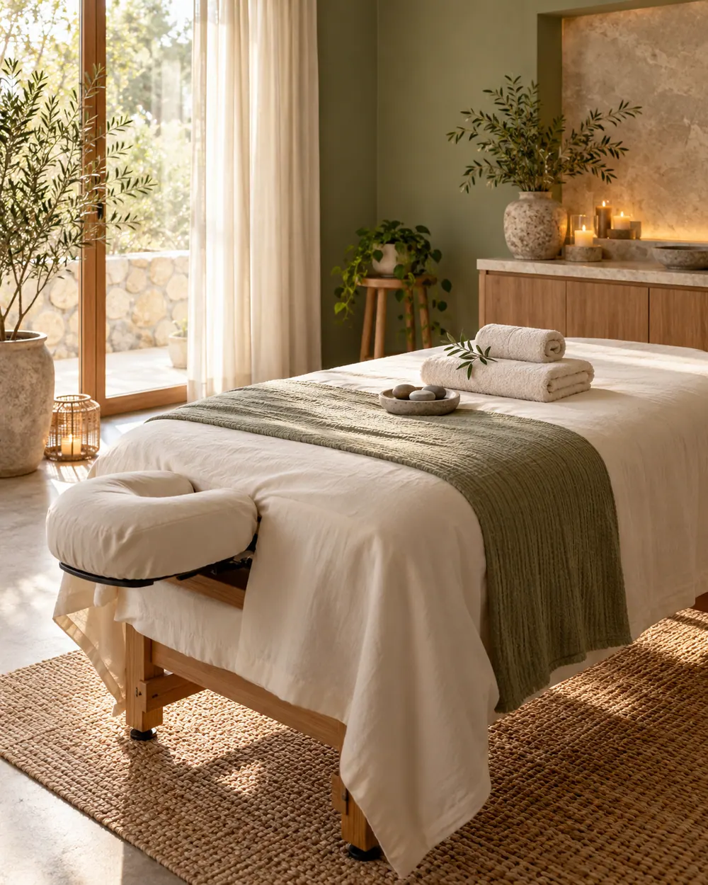 Calming treatment room with massage table and folded towels in a fictional studio.